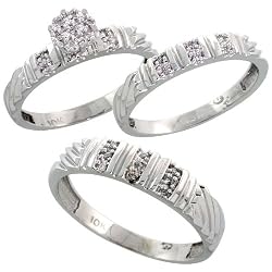 10k White Gold 3-Piece Trio His (5mm) and Hers (3.5mm) Diamond Wedding Band Set, w/ 0.14 Carat Brilliant Cut Diamonds; Ladies Size 9