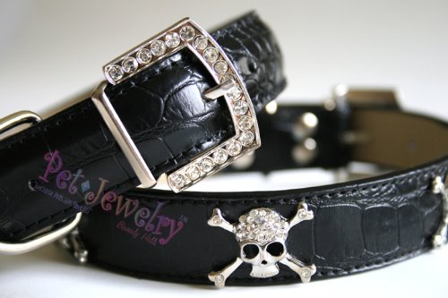 Dog Collar and Leash Set - 20-inch Swarovski Crystal Skull Dog Collars & leash set (black)