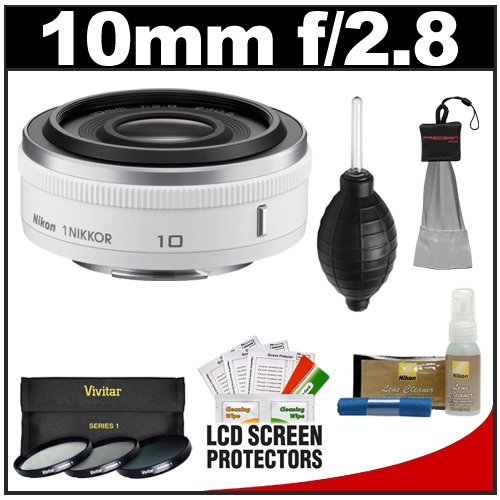 Nikon 1 10mm f/2.8 Nikkor Lens (White) with 3-Piece UV/CPL/ND8 Filter Set + Cleaning & Accessory Kit