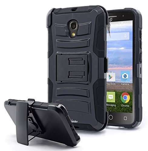 One Touch Pop Icon 2 LTE Case, Nagebee - Alcatel One Touch Pop Icon 2 LTE A846L Heavy Duty Hybrid Armor Dual Layer Rhino Kickstand Belt Clip Holster Combo Rugged Case (Holster Combo Black)