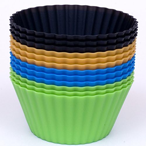 Silicone Cupcake Liners - Set Of 12 Reusable Muffin Baking-Cups In Container - Black, Brown, Blue, Green.