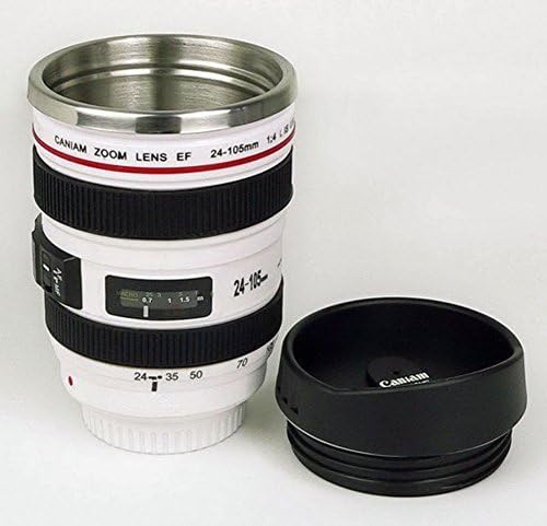 Camera Coffee Mug 24-105mm Photography Lens Cup Thermo Tumbler / Double Walled Insulated Temperature Retaining Stainless Steel Inside / Anti-Spill Screw on Tight Sipping Lid That Can be Opened or Closed with the Flick of Your Thumb / 13.5 oz Thermos for Travel for Coffee, Tea, Soup, or any Hot or Cold Beverage, Refreshment, or Drink / Replica of Canon EOS f/4L IS USM Photo Lens / Great for Holding Pens, Spare Change, Candy, Snacks and More! Fits in Most Car Cup Holders. (White)