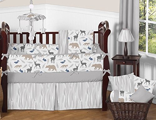Blue Grey and White Woodland Animal Safari Baby Boys 9 Piece Bear Deer Fox Crib Bedding Set