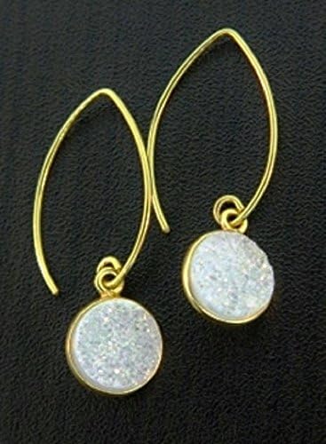 Sosie Vermeil Gold Over Sterling Silver Marquis Round Bezel Druzy Earrings- Rainbow White
