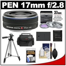 Olympus M.Zuiko 17mm f/2.8 Micro ED Digital Zoom Lens (Black) with 3 UV/PL/FLD Filter Set + BLS-1/BLS-5 Battery Case + Tripod + Accessory Kit for PEN Micro 4/3 E-P1, E-P2, E-P3, E-PL1, E-PL2, E-PL3, E-PM1 Cameras