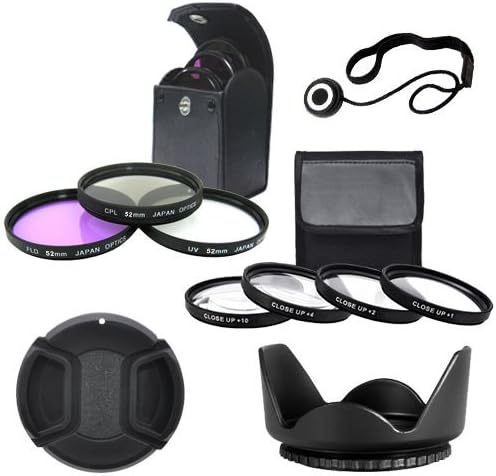52mm 4 piece high definition Close-Up filter set - 52mm Multi-Coated 3 Piece Filter Kit (UV-CPL-FLD) - Snap-On Lens Cap - Lens Cap Keeper - Xit XT62HLH 52mm Hard Tulip Shaped Lens Hood (Black)