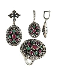 Sterling Silver Multifaceted Ruby Emerald and Clear Stone Turkish Pendant Earrings and Ring Size 7.5 Jewelry Set