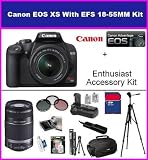Canon Rebel XS 10.1MP Digital SLR Camera with EF-S 18-55mm f/3.5-5.6 IS Lens & Canon EF-S 55-250MM IS Lens With Best Value Accessory Package Includes Vertical Shutter release battery Grip, 2 Extra Extended Life LP-E5 Battery Packs, Remote Shutter Release, 4GB SD Memory Card, Protective 58MM UV Filter & More