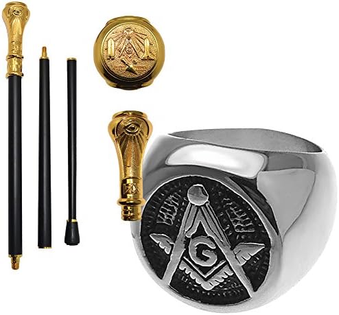 (Set) Freemason Engraved Walking Cane &amp; Stainless Steel Men's Ring - Size 9