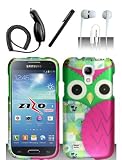 4 Items Combo For Samsung Galaxy S4 Mini i9190 / i9192 / i9195 Colorful Pink Owl 2D Design Rubberized Hard Case Snap On Protector Cover + Car Charger + Free Stylus Pen + Free 3.5mm Stereo Earphone Headsets