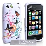 Yousave Accessories TM Stilvoll Wei� / Mehrfarbig Schmetterling Blumen Muster Silikon Gel Schutzh�lle Tasche F�r Das Apple iPhone 3 / 3G / 3GS Mit Displayschutz Folie Und Graues Micro Faser Poliertuchvon "Yousave"