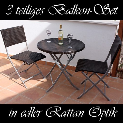 3er Balkonmöbel Balkonset ROM aus hochwertigem Polyrattan, 1 Rundtisch inkl. Plexiglasplatte und 2 Stühlen, Farbe: Anthrazit