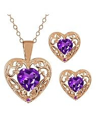1.57 Ct Heart Shape Purple Amethyst Gold Plated Silver Pendant Earrings Set