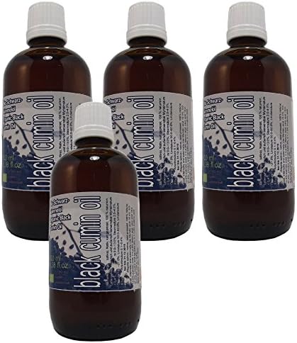 Set of Four (4) Black Cumin Seed Essential Oil 100% Pure, Total 13.52 Oz , 3.38 Oz Each Glass Bottle. Cold Pressed , Extra Virgin , Undiluted , Quality Guaranteed., All Process Organic Certified, Premium Quality, Food and Cosmetic Grade A+ (Black Seed Oil Pure Certified), Origin Egypt, Bottled and Tested in Austria, Shipped From Spain