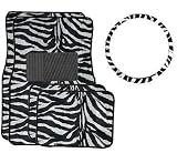 White Tiger Zebra Combo - Front & Rear Carpet Floor Mats & Steering Wheel Cover