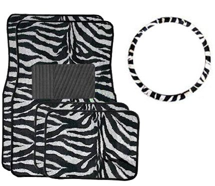 White Tiger Zebra Combo - Front & Rear Carpet Floor Mats & Steering Wheel Cover