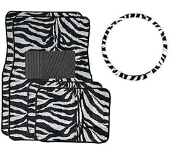 - 	 White Tiger Zebra Combo - Front & Rear Carpet Floor Mats & Steering Wheel Cover