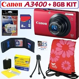 Canon PowerShot A3400 IS 16.0 MP Digital Camera with 5x Optical Image Stabilized Zoom (Red) + 8GB Accessory Kit