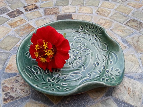 Ceramic Spoon Rest with Dahlia Carving in Teal