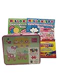 Gift Set Hello Kitty 100 Pc Puzzle Pink Lunchbox Tin, 2 Coloring Activity Book 1 Pack 60 Stickers, 10 Pack Crayons 5pc Gift Set Bundle