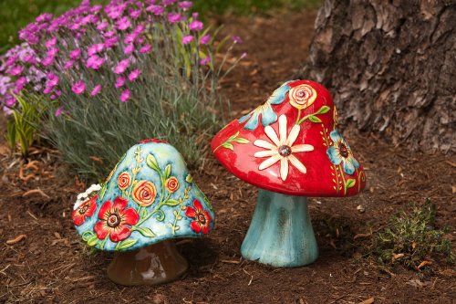 Evergreen 2CG033 Garden Field of Flowers Statue, Mushrooms, Set of 2