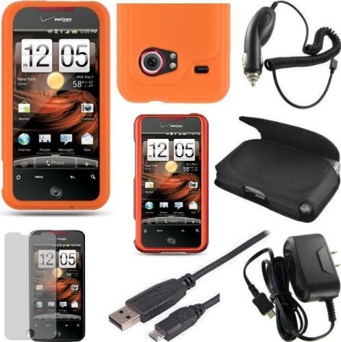 Accessory Bundle HTCADR6300 (7in1) for HTC Droid Incredible Verizon Wireless - Custom Pack by MAGBAY - (Car Charger/Travel Charger/Holster Pouch/Screen Protector/USB Cable/Gel Skin Case/Rubberized Hard Case - Orange)