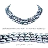Triple Strand 16-18 Inches 6-7mm Black Oval Shape Freshwater Cultured Pearl Necklace