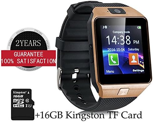 Bluetooth Smart Watch DZ09 with 16GB TF Card and SIM Card Slot Wrist Watch for Android Samsung S5 S6 Note 4 Note 5 HTC Sony LG and iPhone 5 5S 6 6 Plus Smartphone (Black Band Gold Dial)
