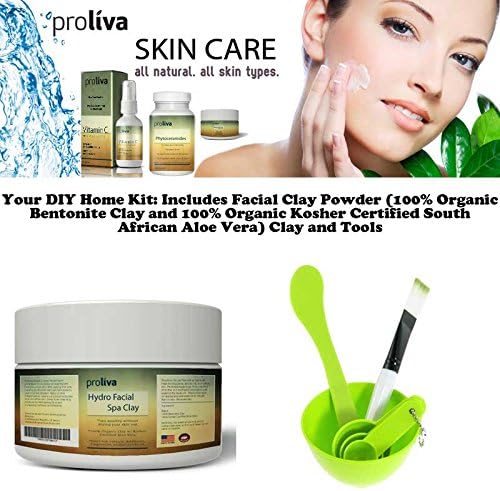 FACIAL MASK Clay Powder: Promotes Enhanced Healing And Softer, Younger Looking Skin; 6 Oz. CLAY MASK with Bentonite & Aloe Vera - Benefits All Skin Types - Helps With Oily Skin, Acne and Large or Clogged Pores - Features Organic Herbal Power. ProLiva Aveana Series Facial Spa Clay Powder (Good for 20-30 applications) INCLUDES FREE 4 In 1 Facial DIY Mask Bowl Brush Spoon Tools Set. Perfect Skin Care Product Combo for your skin care routine. 100% Organic Bentonite Clay w/ 100% Organic Bentonite Clay Powder and Kosher Certified Aloe Vera Powder in 1.