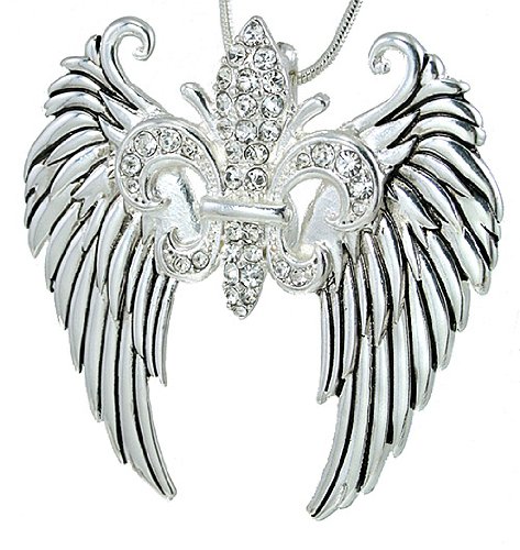 Fleur De Lis Angel Wings Enhancer Pendant Silver Tone with White Crystals - 2.4x2.44 Inches