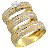 10k Gold 3-Piece Trio His (5.5mm) & Hers (4.5mm) 0.25 Carat White Sapphire Wedding Ring Band Set w Rhodium Accent (Available in Ladies Sizes 5 to10 & Men's Sizes 8 to 14) Ladies Size 7