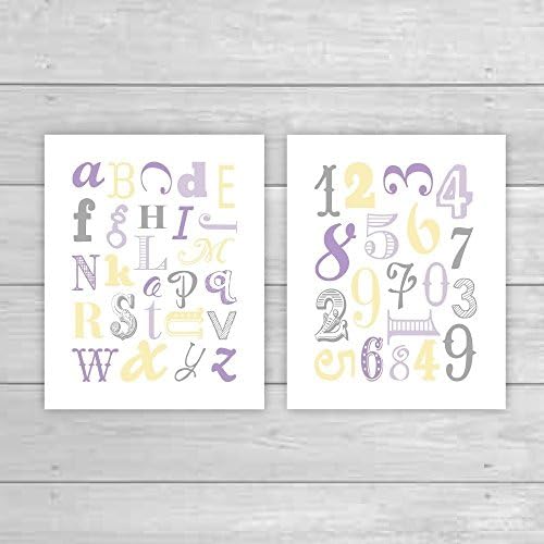 Girl Nursery Decor, Alphabet and Numbers Nursery Wall Art, Nursery Art Prints in Purple Yellow and Gray