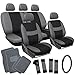 OxGord 21pc Black & Gray Flat Cloth Seat Cover and Carpet Floor Mat Set for the Toyota Camry Coupe, Airbag Compatible, Split Bench, Steering Wheel Cover Included