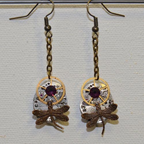 Earrings: Vintage watch with crystals (violet) and dragonfly