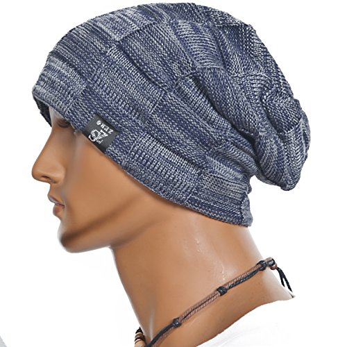 Cool Men Roll Knit Beanie Rectangular Winter Skullcap Top Hat B816 (B5816-Navy(Warmer))