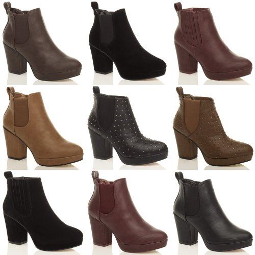 WOMENS LADIES HIGH HEEL BLOCK PLATFORM ANKLE LOW CHELSEA BOOTS BOOTIES SIZE 4 37