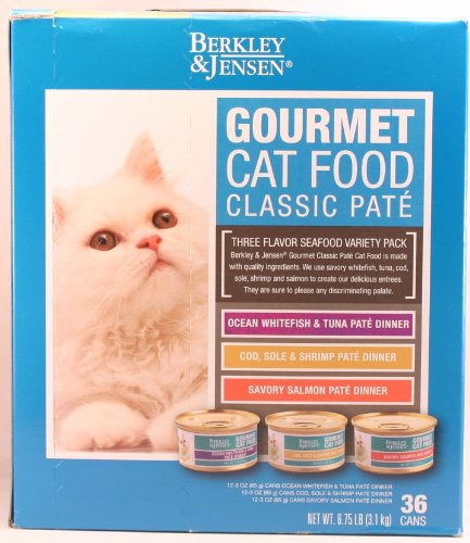 More image Berkley & Jensen Gourmet Cat Food Classic Pate 36 pack/ 3 flavors seafood variety - 3 oz each can (Ocean Whitefish & Tuna Pate Dinner/ Cod, Sole & Shrimp Pate Dinner/ Savory Salmon Pate Dinner)