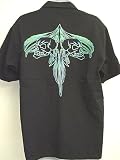 Dragonfly Clothing Custom V Twin Biker Shirt Black Button Front Shirt with Heavily Embroidered Green Skulls Tattoo Design - Biker Clubbing Shirt
