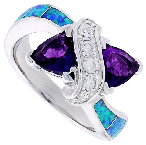 14K White Gold Rhodium Plated Sterling Silver Wedding & Engagement Ring Sterling Silver, Synthetic Opal Inlay Ring w/ Double Heart Shape Amethyst CZ For Women 11MM ( Size 6 to 9)