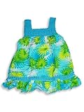Hula Bay - Girls Hand Crochette Trimmed Printed Rayon Sundress, Turquoise, Yellow, Green