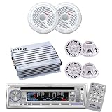 Pyle Marine Stereo, Radio Receiver, Speaker, Subwoofer and Amplifier System Package - PLCD3MR AM/FM-MPX IN -Dash Marine CD/MP3 Player/USB & SD Card Function - PLMRA400 4 Channel 400 Watt Waterproof Marine Amplifier - PLMR60W 150 Watts 6.5'' 2 Way White Marine Speakers - PLMRW8 8 400 Watt White 4 Ohm Marine Subwoofer
