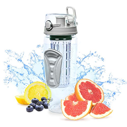 Water Bottle with Fruit Infuser (32oz) Fruit Infusion Blender Bottle drink mixer - w Flip Top Drinking Spout, Watertight, Enjoy Naturally Flavored Fruit Infused Water, Juice, Iced Tea and Lemonade - Made of Durable Tritan and BPA-free