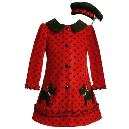 Bonnie Jean Little Girls 4-6X 2-Piece RED BLACK POLKA DOT SCOTTIE PUPPY DOG Fleece Dress-Coat/Jacket and Hat Set
