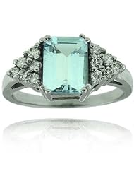 10k White Gold Aquamarine Rectangle Cut Gemstone and Diamond Ring, Birthstone of March