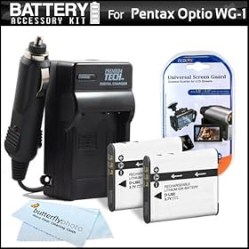 2 Pack Battery And Charger Kit For Pentax Optio WG-1, WG-2 Waterproof Digital Camera Includes 2 Extended (1000Mah) Replacement D-LI92 Batteries + Ac/Dc Rapid Travel Charger + LCD Screen Protectors + MicroFiber Cleaning Cloth