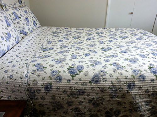 3-piece Reversible Quilted Bedspread Set, Cotton Cover and Fill, Light Blue/Purple Floral, California King