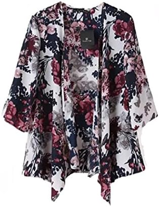 Women Ethnic Printed Floral Loose Kimono Cardigan Blouses (M)
