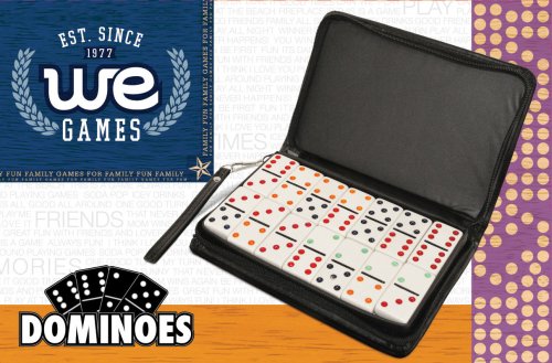 Childrens Toyshop  Toys : DOUBLE 6 Dominoes White tiles with colored dots, black vinyl zipper case with strap