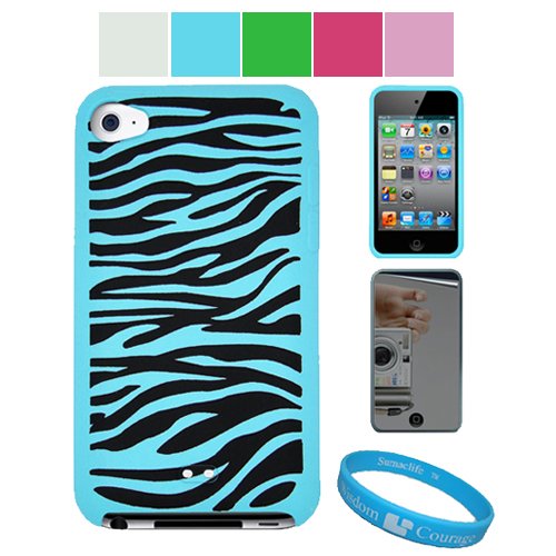 Premium Zebra Design Protective Soft Silicone Skin Cover for Apple iPod Touch 4th Generation + Mirror Screen Protector for iPod Touch 4th Generation + SumacLife TM Wisdom Courage Wristband, Baby Blue Zebra