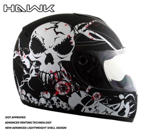 Advanced Hawk Blood Stained Skull and Eyes Black Matte Full Face Motorcycle Helmet - Size : XL